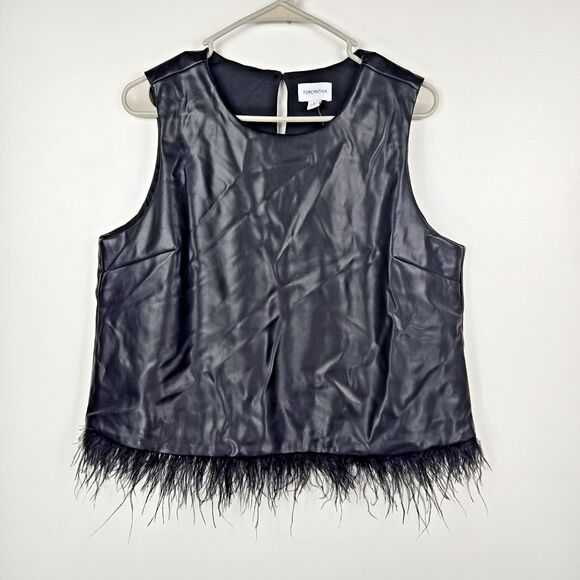 Tops - For Cynthia Women's Size Large Black Faux Leather Tank Top Feather Trim NWT
